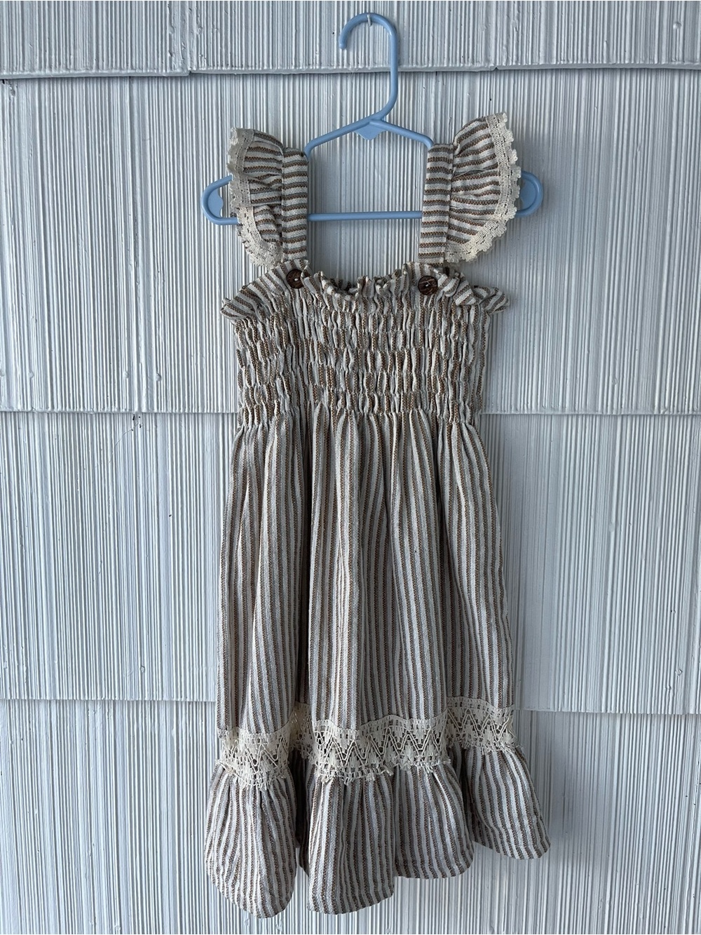 Hand made …Girls' Striped Cream and Brown Ruffle Sundress